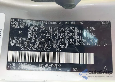 2005 Toyota Sienna Le from USA, damaged, VIN 5TDZA23C75S353362